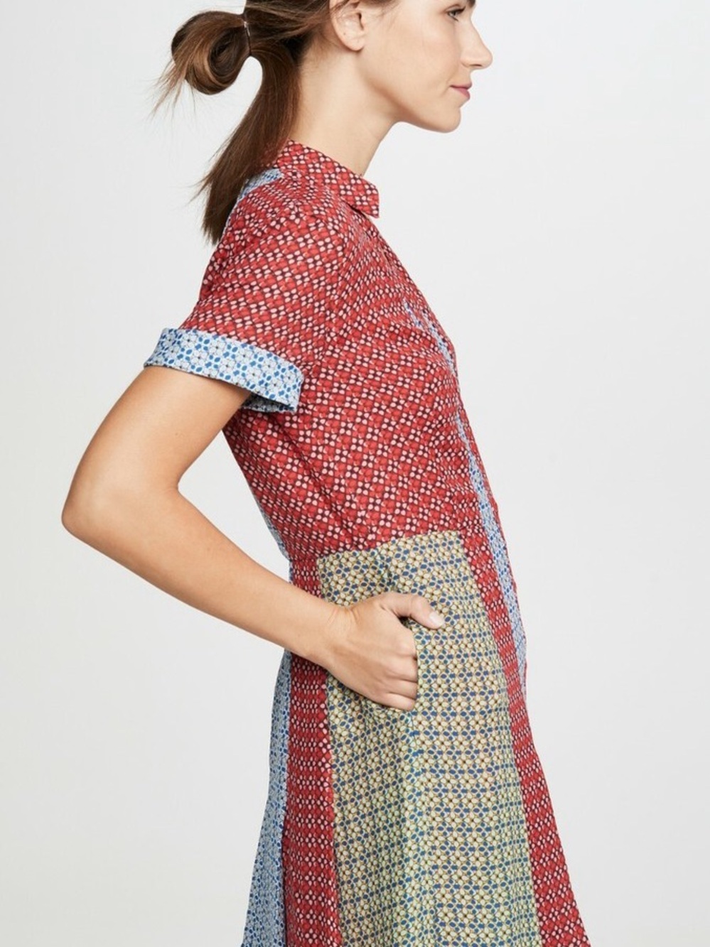 Alice + Olivia Mixed-Panel Mini Dress in Red, Light Blue and Olive - Picture 11 of 11